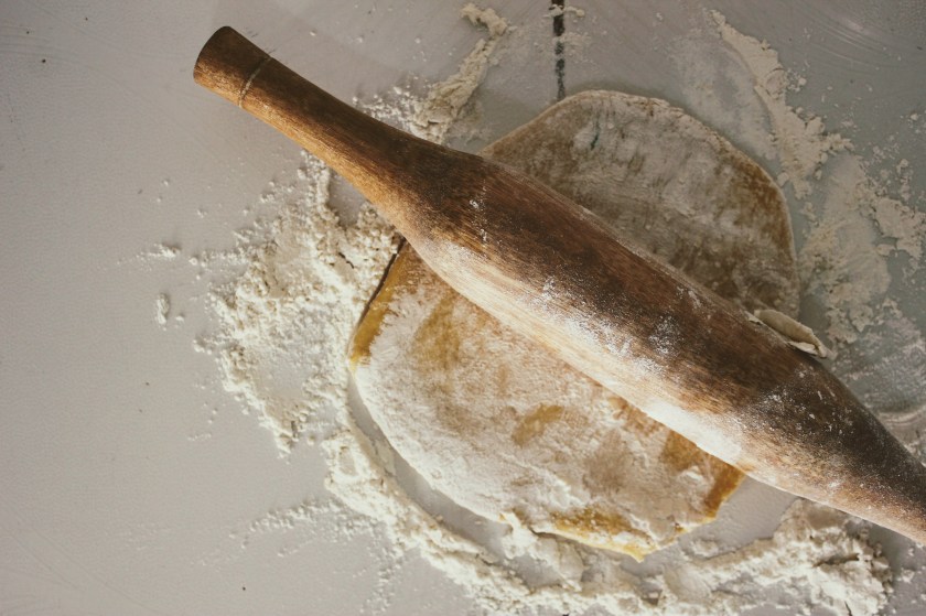 pasta dough rolling pin flour dust counter